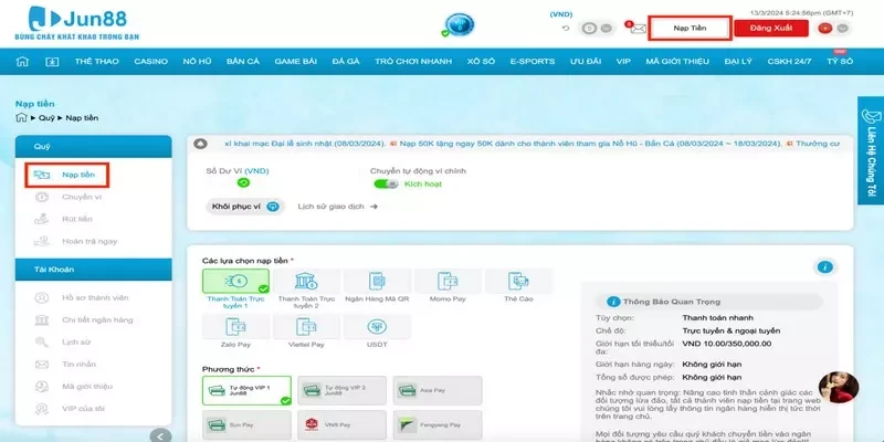 Cần truy cập website chính thức của Jun88 khi gửi tiền